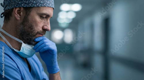 Wallpaper Mural A pensive male surgeon with his mask down stands thoughtfully in a hospital corridor. Torontodigital.ca