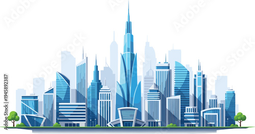 Modern city skyline with futuristic skyscrapers urban architecture downtown flat vector illustration isolated