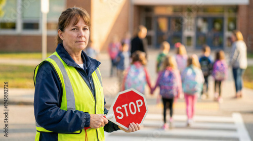 Wallpaper Mural A diligent school crossing guard holds a stop sign, ensuring children safely cross. Torontodigital.ca