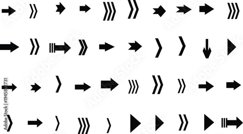 A large variety of distinct black arrow and chevron symbols organized on a clean white background