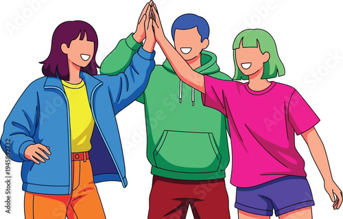 A trio of diverse teenagers wearing bright casual jackets and hoodies join hands in a central high-five gesture of camaraderie.