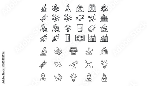 World Science Day Outline Icon Set Scientific Research Laboratory Vector