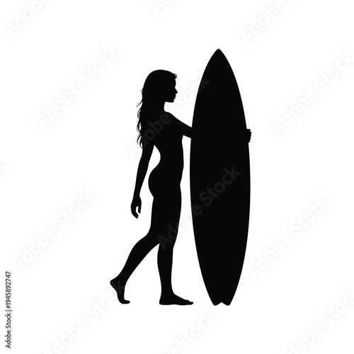 Silhouette of a woman carrying a surfboard against a white background