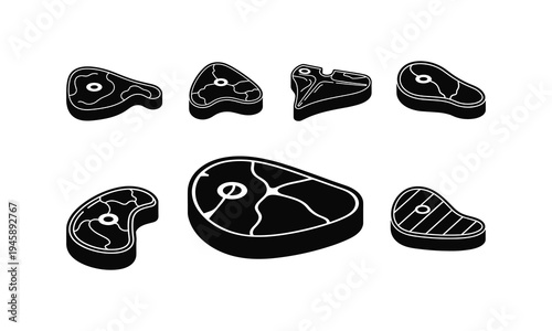 Various cuts and shapes of meat slices with distinct bone and fat patterns