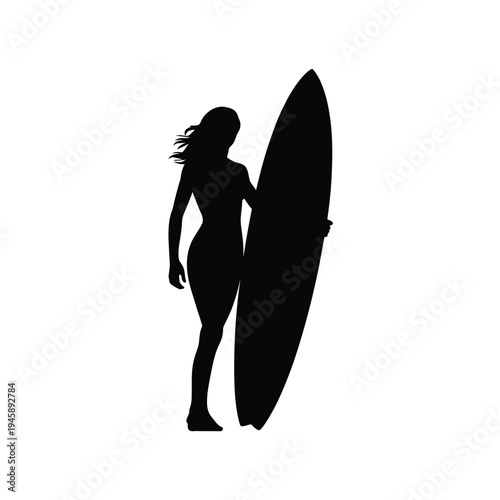 Silhouette of a woman carrying a surfboard against a white background