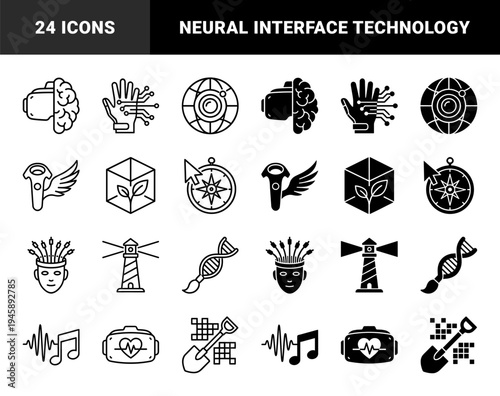 Virtual Reality Hybrid Symbols Merging Human Biology with Digital Technology Featuring Brain Visors Haptic Hands and DNA Paintbrushes