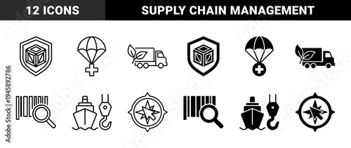 Logistics and Supply Chain Hybrid Design Symbols Featuring Cargo Protection Shield Delivery Drone and Sustainable Green Freight Truck Concepts