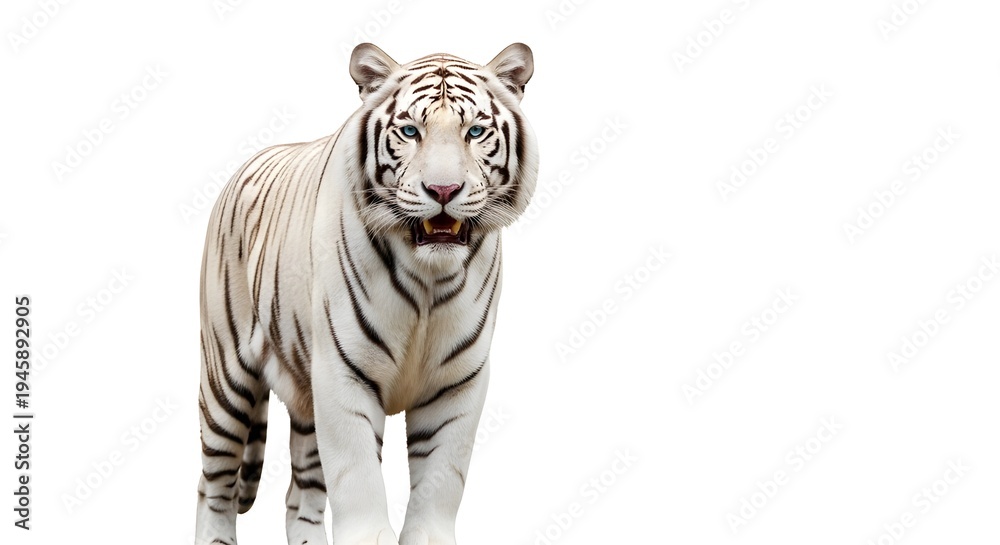 Obraz premium Majestic white tiger walking towards camera with open mouth and blue eyes on white background