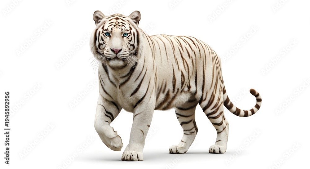Fototapeta premium Majestic white tiger walking forward with blue eyes on white background