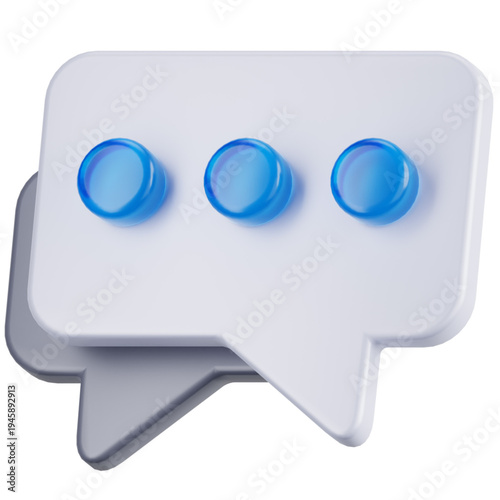 A 3D illustration of a chat bubble icon with typing dots, representing ongoing communication.