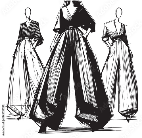 abstract line sketch fashion models girl in very vide pants