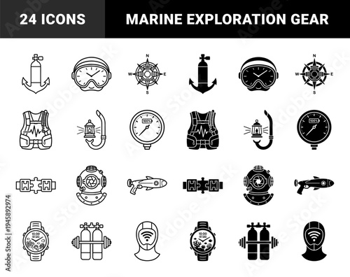 Scuba Diving Gear and Deep Sea Exploration Equipment Merged with Navigation and Marine Life Elements in a Bold Hybrid Minimalist Style