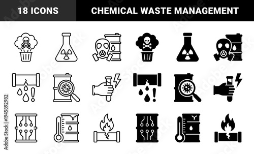 Hazardous Chemical Waste Management and Industrial Pollution Hybrid Icons Featuring Toxic Barrels Radiation Flasks and Biological Contamination