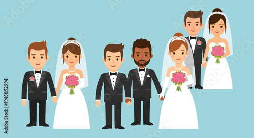 Diverse couples celebrate marriage with grooms and brides holding pink bouquets in cartoon.