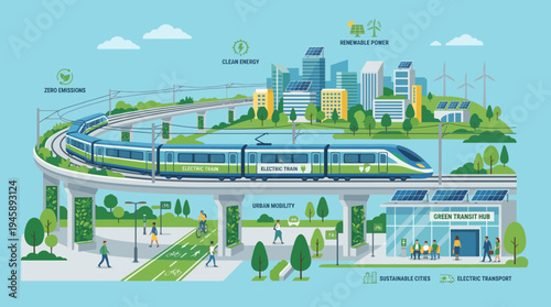Sustainable transportation eco friendly cityscape with train renewable energy