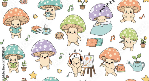 Cute Kawaii Mushroom Characters Daily Life Activities Set with Reading, Sleeping, Painting, Music and Cozy Home Elements Cartoon Vector Illustration