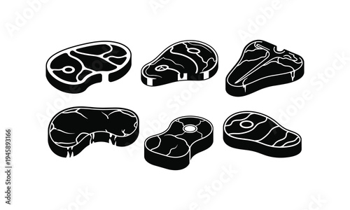 Six distinct cuts of meat showcasing various shapes and sizes for culinary use