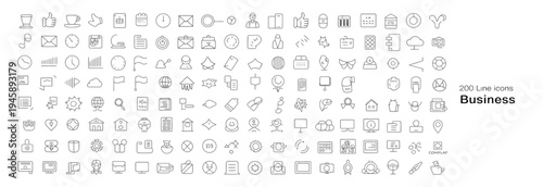 Large collection of 200 business line icons for web and mobile, covering finance, marketing, and office.