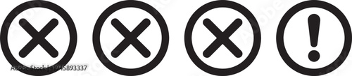 Four icons with crosses and exclamation mark in circles for error or warning signs