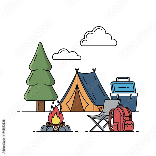 Camping scene illustration with tent campfire tree backpack and clouds