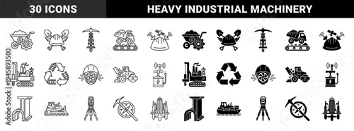 Heavy Industry and Mining Icons Featuring Hybrid Symbols of Excavation Equipment Machinery and Geotechnical Surveying Tools in Dual Line and Solid Style
