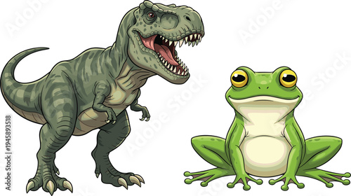Tyrannosaurus dinosaur and cute frog animal characters prehistoric reptile and amphibian flat vector illustration set