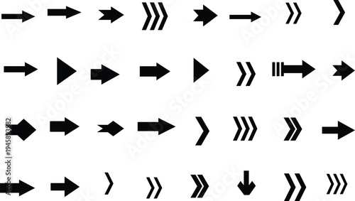 A vast assortment of black arrow indicators displaying multiple directions and contemporary styles against a pure white backdrop