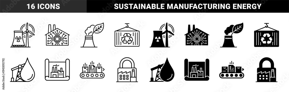 Fototapeta premium Hybrid Industrial Manufacturing and Green Energy Icon Set Featuring Nuclear Wind Power Plant Circuit Board Factory and Sustainable Logistics Symbols