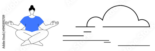 Woman meditating in a cross-legged pose with hands in mudra, a cloud icon, and minimal flowing lines. Ideal for wellness, mindfulness, relaxation, inner peace, balance, meditation and self-care
