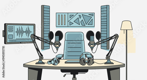 Recording studio interior design illustration with microphones and equipment