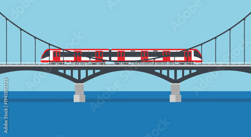 Red train crossing bridge over blue water against light blue sky