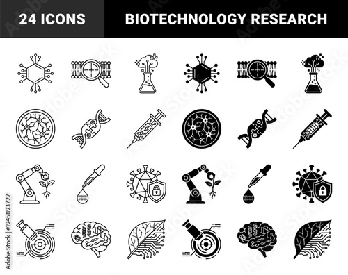 Biotechnology and Synthetic Biology Symbols Merging Lab Glassware with Digital Circuitry and Genetic DNA Helix Elements for Science Innovation