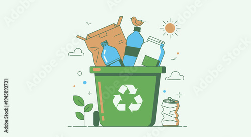 Recycling bin with various waste materials illustration on light green background