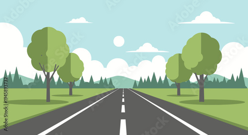 Road leading through green trees under a blue sky with clouds and sun