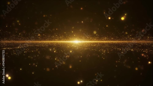 Golden particles in slow motion floating in space with bright light beam creating magical atmosphere