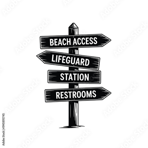 A black and white illustration of a directional signpost for beach amenities