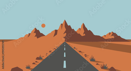 Road leading to mountains under a blue sky with a setting sun vector illustration
