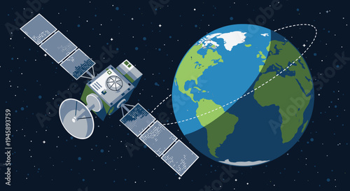 Satellite orbiting earth in space communication and technology illustration