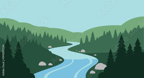 Scenic river flowing through forest landscape vector illustration design