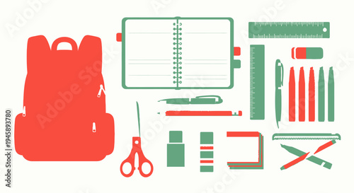 School supplies arrangement illustration in red and green colors