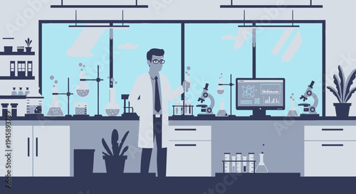 Scientist conducting experiments in a modern laboratory environment vector illustration