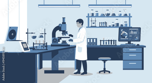 Scientist in laboratory analyzing sample with microscope and computer monitor