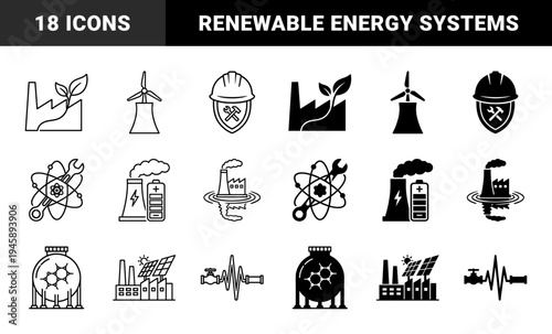 Industrial energy hybrid icons combining factory silhouettes with renewable ecology wind turbine solar panel and atomic science symbols