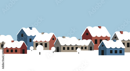 Snow covered village illustration with colorful houses and winter landscape