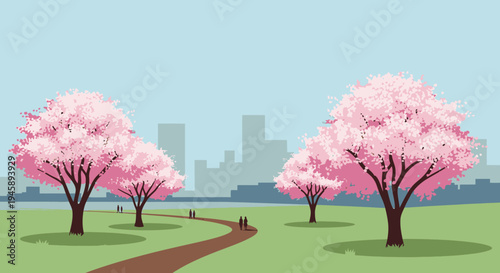 Springtime cherry blossom trees along a pathway in a stylized park setting