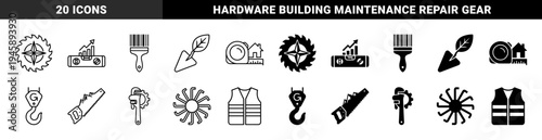 Construction and manual labor hybrid icons combining traditional hand tools with industry symbols like gears leaves and growth charts for hardware branding