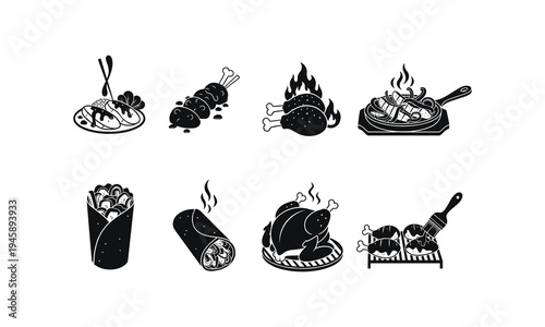 Eight distinct illustrations of traditional cooking methods and dishes