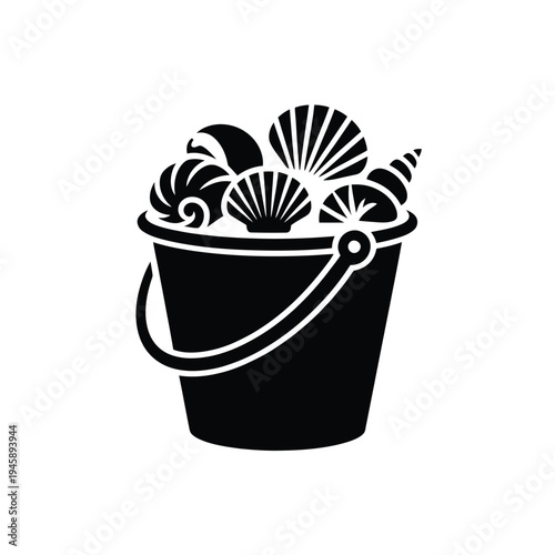 A black and white illustration of seashells inside a plastic bucket