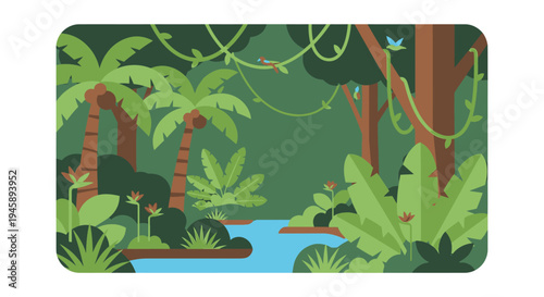 Stylized forest illustration with trees river and tropical foliage elements