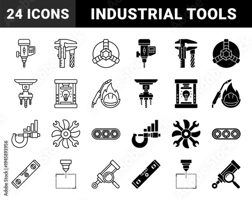 Heavy industrial manufacturing icons featuring hybrid designs of mechanical tools precision instruments and factory production equipment symbols